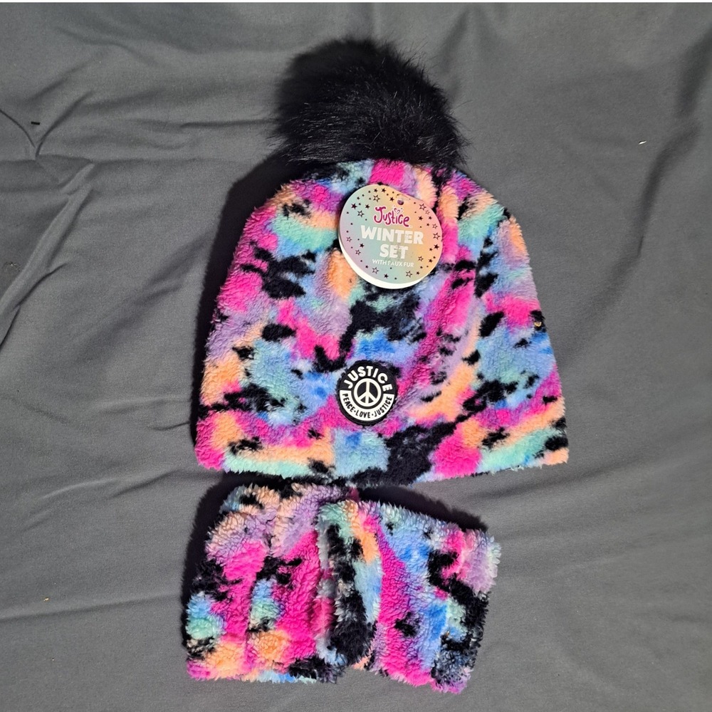 NWT Justice Fleece Winter Set Hat‎ and Gloves Colorful Rainbow